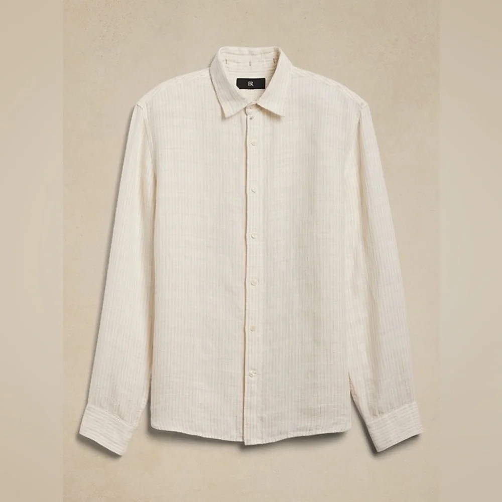 Banana Republic Men’s White Tan Striped Slim Linen-Cotton Dress Shirt Size Small